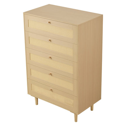 5-Drawer Rattan Dresser – Metal Handles, Wood Legs