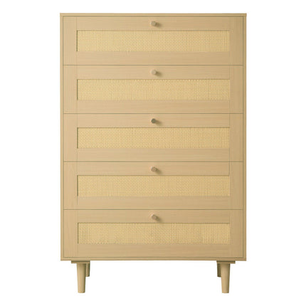 5-Drawer Rattan Dresser – Metal Handles, Wood Legs