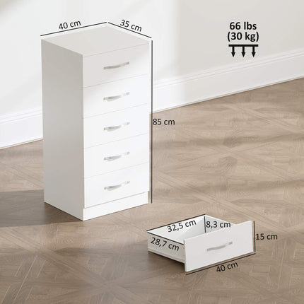 5-Drawer White Dresser, Chipboard, Space-Saving Design