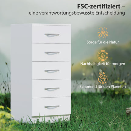 5-Drawer White Dresser, Chipboard, Space-Saving Design