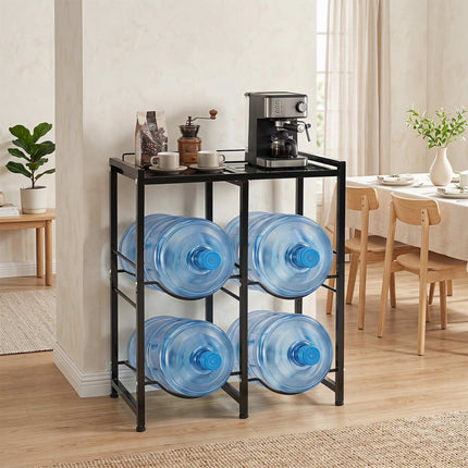5 Gallon Water Jug Holder for 4 Bottles with Top Shelf, Black, Carbon Steel