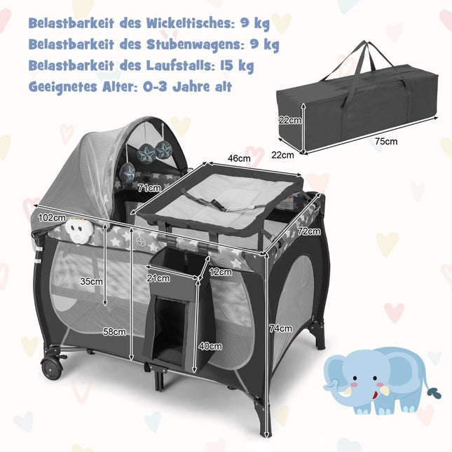 5 IN 1 Baby Bed Portable Side Bed Travel Cot with Foldable Mattress 102 cm x 72 cm x 74 cm Gray