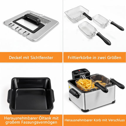 5L Stainless Steel Deep Fryer with 3 Baskets, 1700W