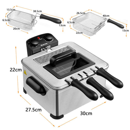 5L Stainless Steel Deep Fryer with 3 Baskets, 1700W