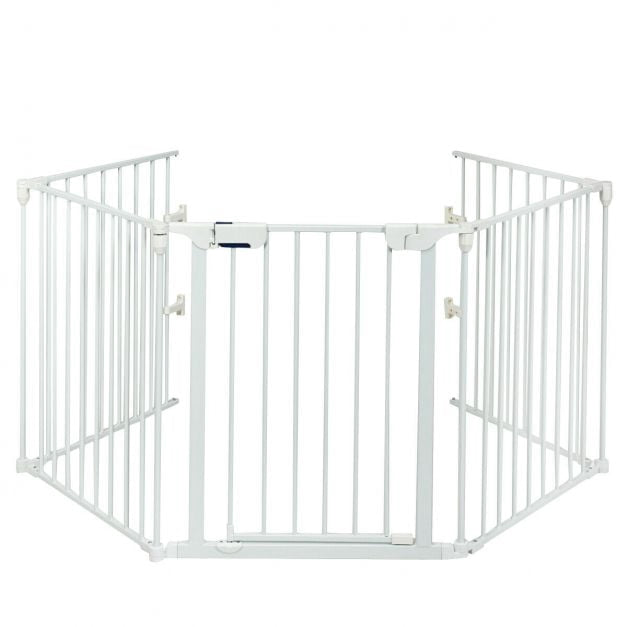 5-Panel Baby Safety Gate, Steel Fireplace Barrier, White