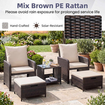 5-Piece Beige Polyrattan Garden Furniture Set with Cushions