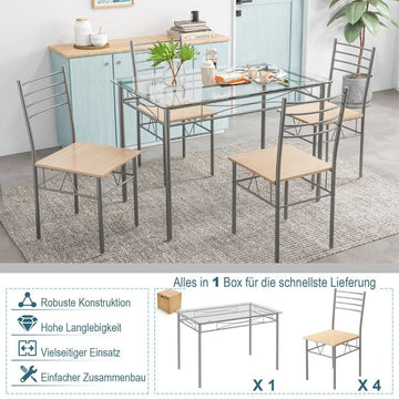 5 Piece Dining Room Set Rectangular Glass Dining Table with 4 Chairs & Rustproof Metal Frame