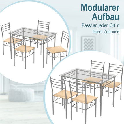 5 Piece Dining Room Set Rectangular Glass Dining Table with 4 Chairs & Rustproof Metal Frame