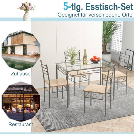 5 Piece Dining Room Set Rectangular Glass Dining Table with 4 Chairs & Rustproof Metal Frame