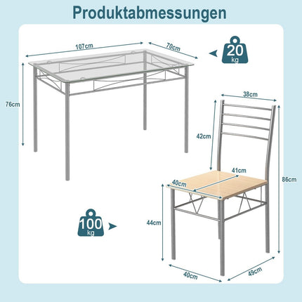 5 Piece Dining Room Set Rectangular Glass Dining Table with 4 Chairs & Rustproof Metal Frame