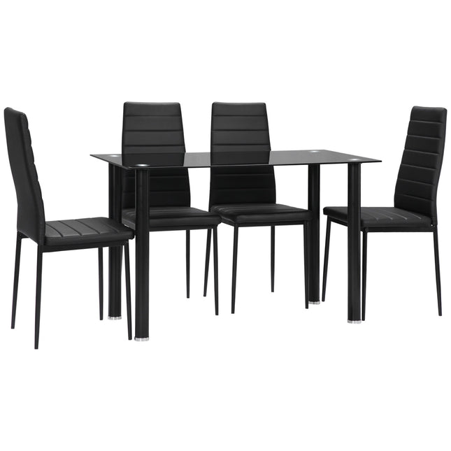 Tempered glass 5-piece dining room set, table and black chairs
