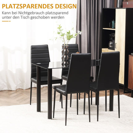 Tempered glass 5-piece dining room set, table and black chairs