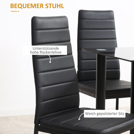 Tempered glass 5-piece dining room set, table and black chairs