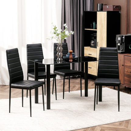 Tempered glass 5-piece dining room set, table and black chairs