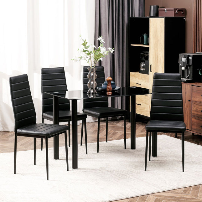 Tempered glass 5-piece dining room set, table and black chairs