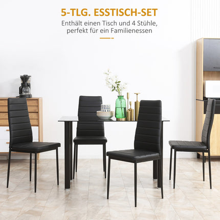 Tempered glass 5-piece dining room set, table and black chairs