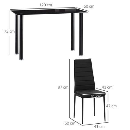 Tempered glass 5-piece dining room set, table and black chairs