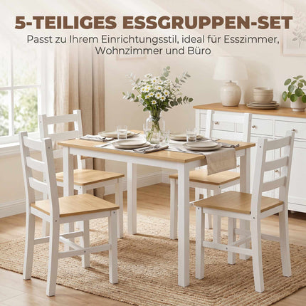 5-Piece Dining Set for 4, Solid Pine, Natural/White