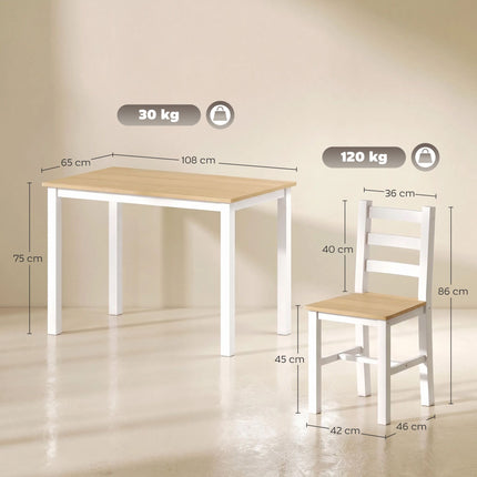 5-Piece Dining Set for 4, Solid Pine, Natural/White