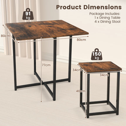 5-Piece Dining Table Set, 4 Stools, 80x80 cm, Rustic Brown