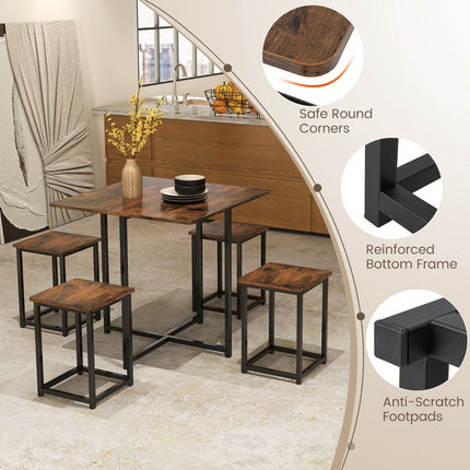 5-Piece Dining Table Set, 4 Stools, 80x80 cm, Rustic Brown