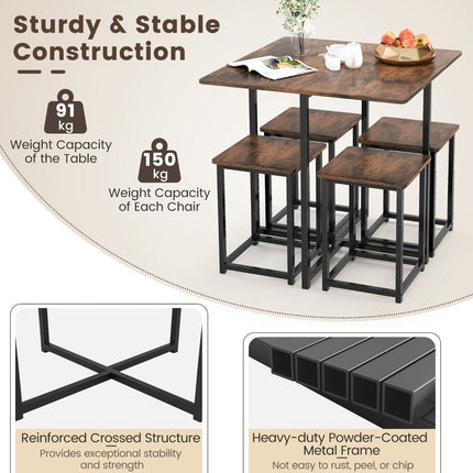5-Piece Dining Table Set, 4 Stools, 80x80 cm, Rustic Brown