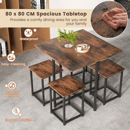 5-Piece Dining Table Set, 4 Stools, 80x80 cm, Rustic Brown