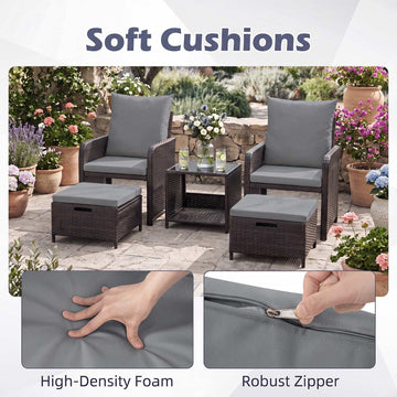 5-Piece Grey Polyrattan Garden Furniture Set with Cushions