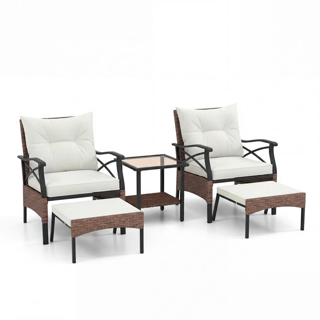 5-Piece Outdoor Rattan Patio Set with Ottomans, Beige