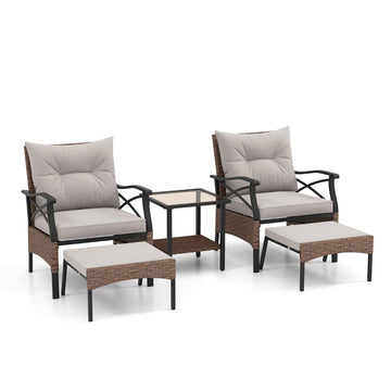 5-Piece PE Rattan Patio Set with Cushions, Table & Stools