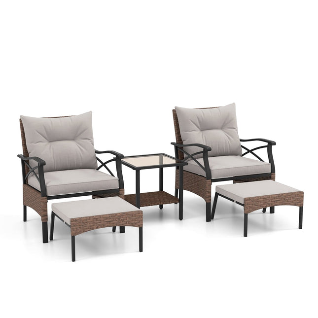 5-Piece PE Rattan Patio Set with Cushions, Table & Stools