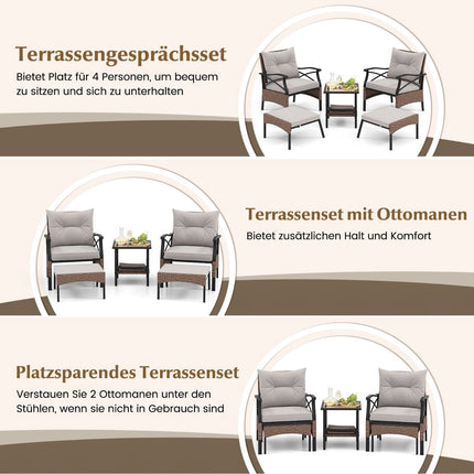 5-Piece PE Rattan Patio Set with Cushions, Table & Stools