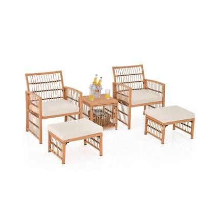 5-Piece Patio Wicker Sofa Set, Cushions, 2 Ottomans, Table