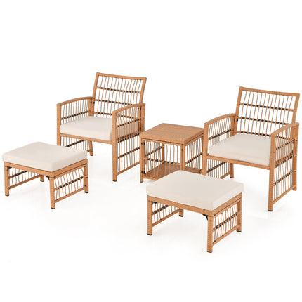 5-Piece Patio Wicker Sofa Set, Cushions, 2 Ottomans, Table