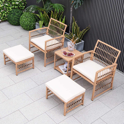 5-Piece Patio Wicker Sofa Set, Cushions, 2 Ottomans, Table