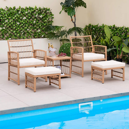 5-Piece Patio Wicker Sofa Set, Cushions, 2 Ottomans, Table