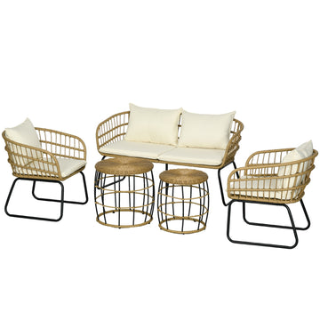 Garden furniture in rattan, cushioned, 5-piece beige