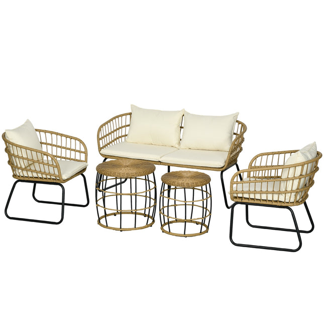 Garden furniture in rattan, cushioned, 5-piece beige