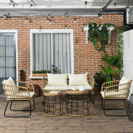 Garden furniture in rattan, cushioned, 5-piece beige