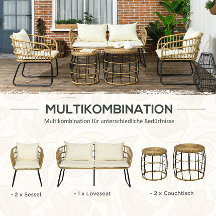 Garden furniture in rattan, cushioned, 5-piece beige