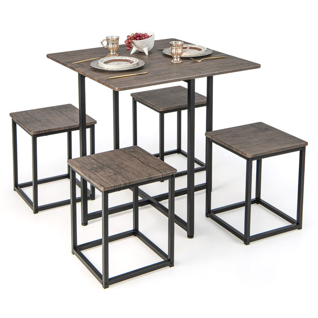 5-Piece Square Dining Table Set, 4 Stools, Gray