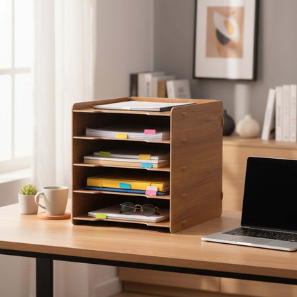 5-Slot MDF Letter Tray – Black Wood-Effect Desk Organiser