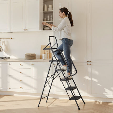5-Step Folding Steel Ladder with Tool Tray, 600 lb