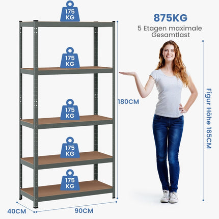 5-Tier Adjustable Metal Storage Shelf, 91x46x183 cm, Gray