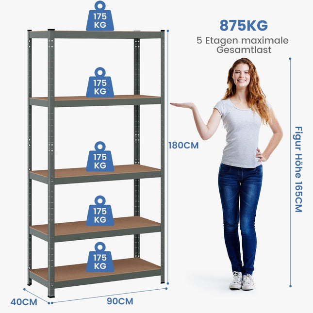 5-Tier Adjustable Metal Storage Shelf, 91x46x183 cm, Gray