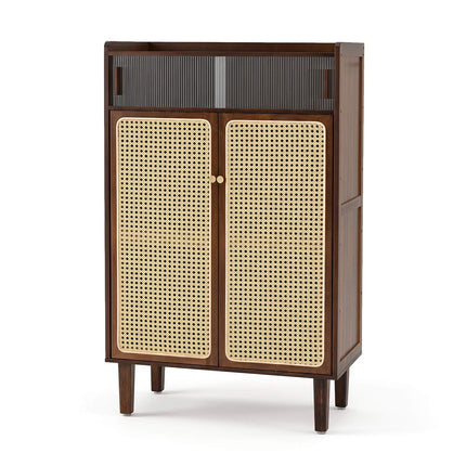 5-Tier Bamboo Shoe Cabinet with Rattan Sliding Doors