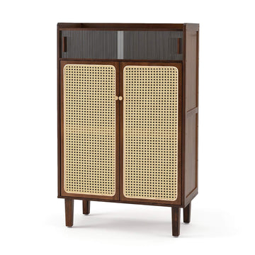 5-Tier Bamboo Shoe Cabinet with Rattan Sliding Doors