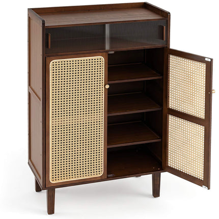 5-Tier Bamboo Shoe Cabinet with Rattan Sliding Doors