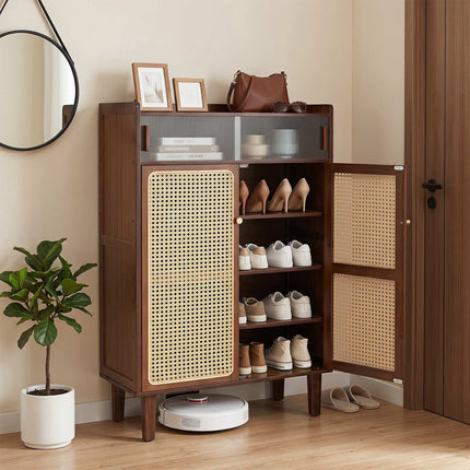 5-Tier Bamboo Shoe Cabinet with Rattan Sliding Doors