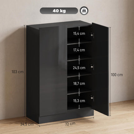 5-Tier Black Shoe Cabinet, Adjustable Shelves, Holds 20 Pairs